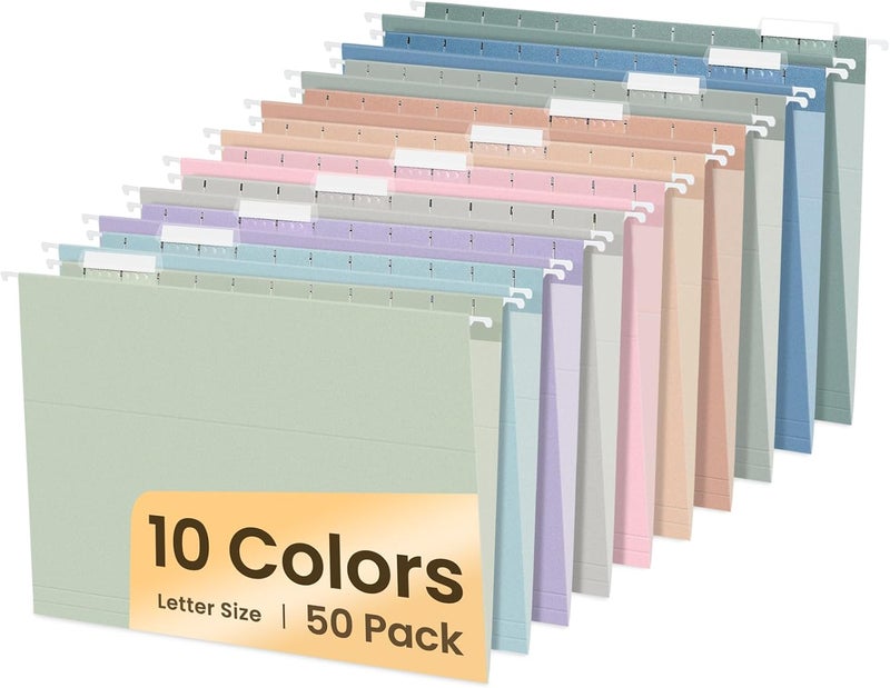 SUNEE Hanging File Folders, 50 Pack Letter Size Hanging File Folders with 1/5-cut Tabs, Stay Organized for Your Home and Office Bulk File, Documents and Paper, 10 Pastel Colors - Image 1